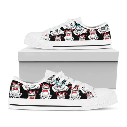 Hipster Frog Pattern Print White Low Top Shoes
