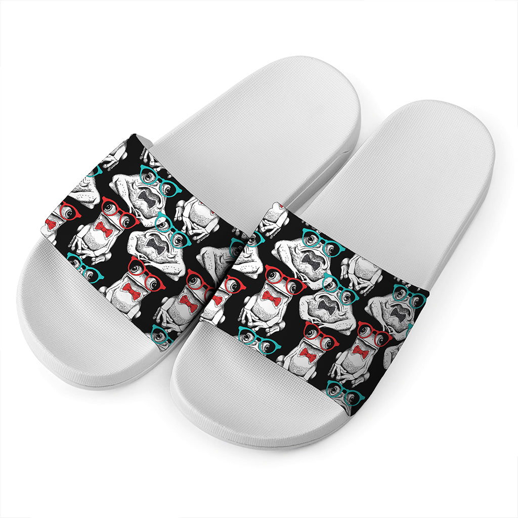 Hipster Frog Pattern Print White Slide Sandals