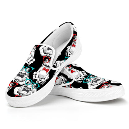 Hipster Frog Pattern Print White Slip On Shoes