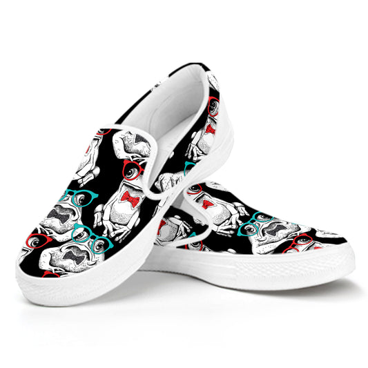 Hipster Frog Pattern Print White Slip On Shoes