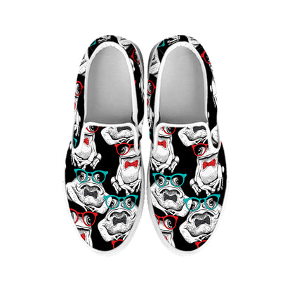 Hipster Frog Pattern Print White Slip On Shoes