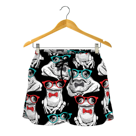 Hipster Frog Pattern Print Women's Shorts