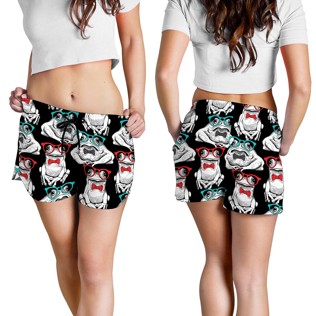 Hipster Frog Pattern Print Women's Shorts