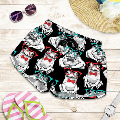 Hipster Frog Pattern Print Women's Shorts
