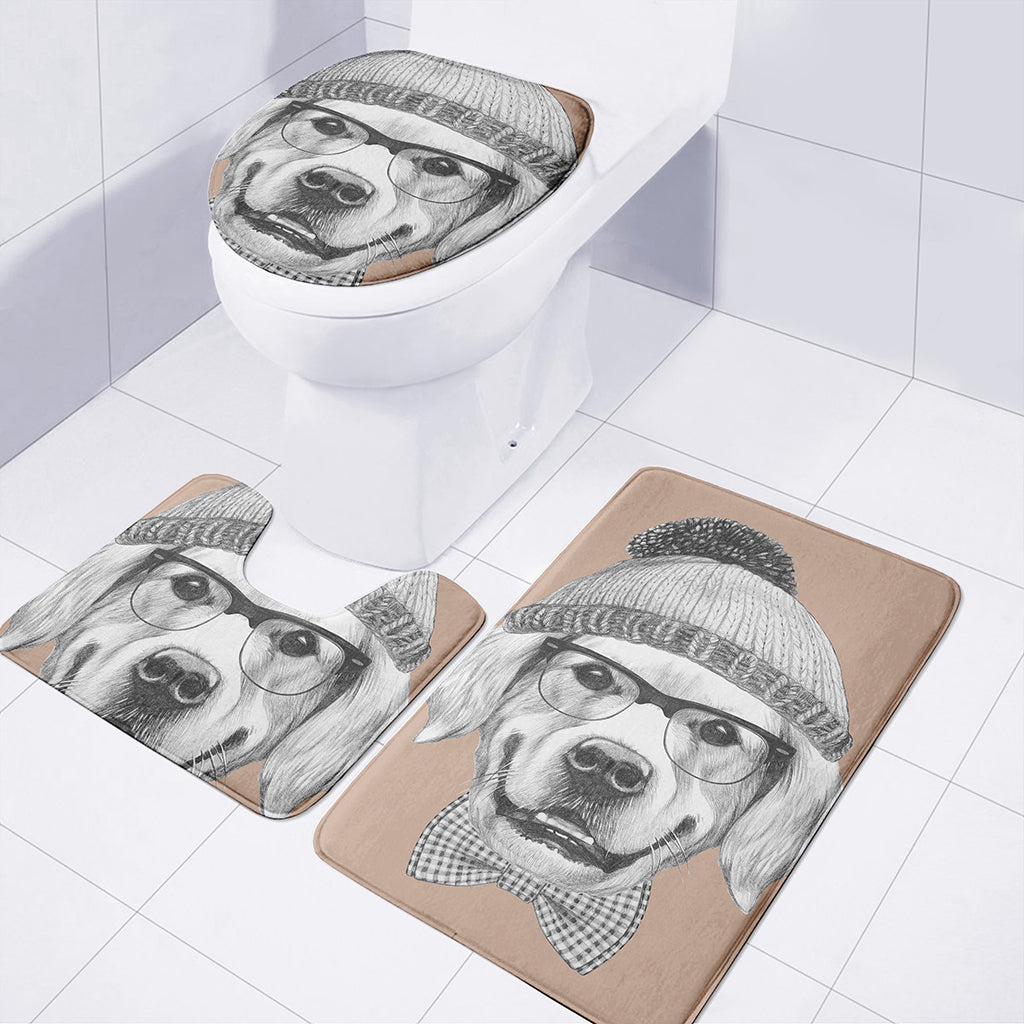 Hipster Golden Retriever Print 3 Piece Bath Mat Set