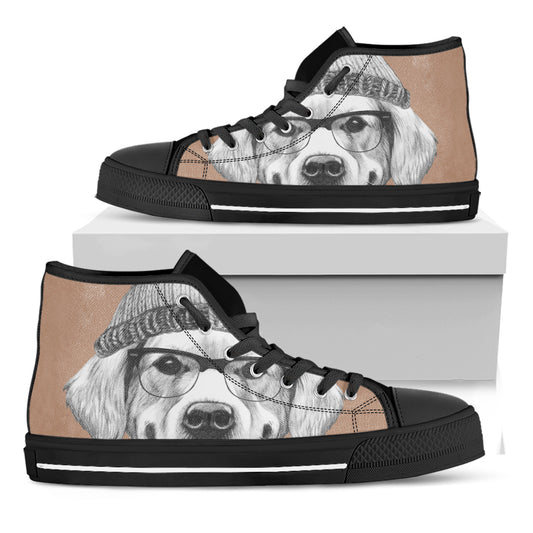 Hipster Golden Retriever Print Black High Top Shoes