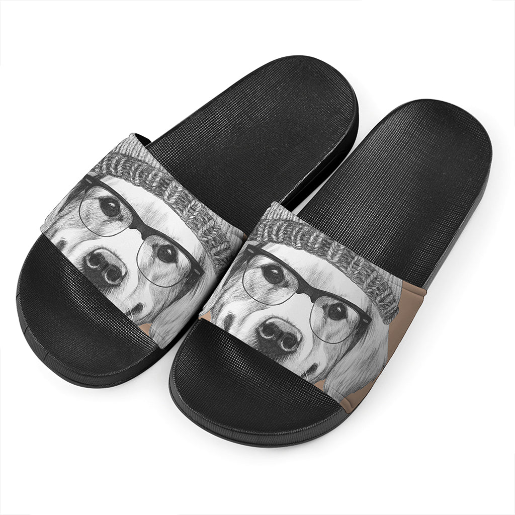 Hipster Golden Retriever Print Black Slide Sandals