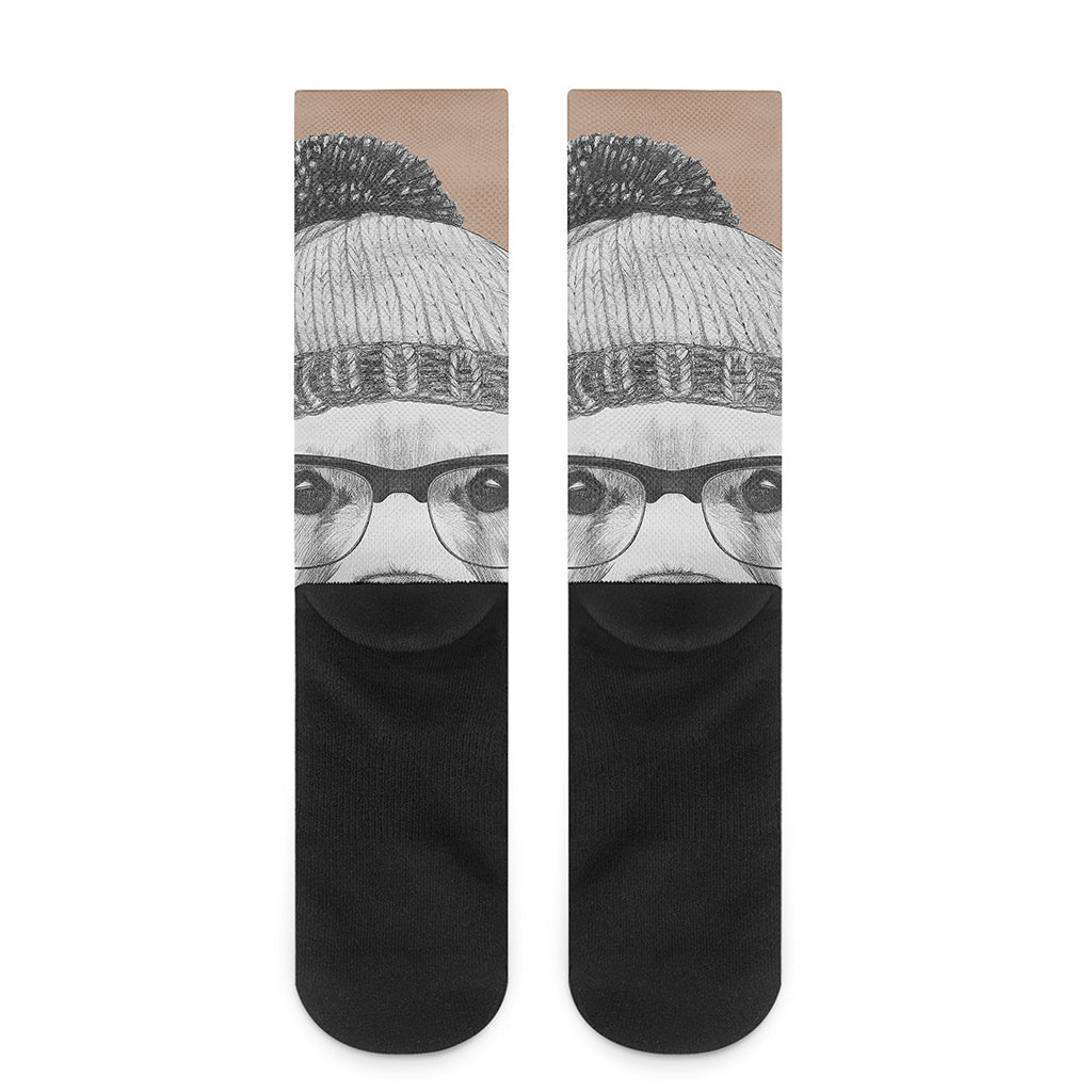 Hipster Golden Retriever Print Crew Socks