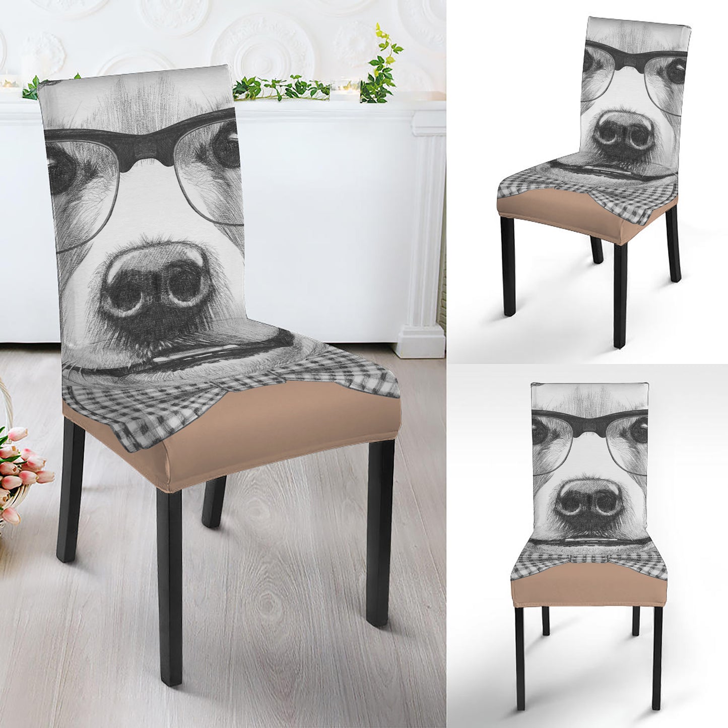 Hipster Golden Retriever Print Dining Chair Slipcover