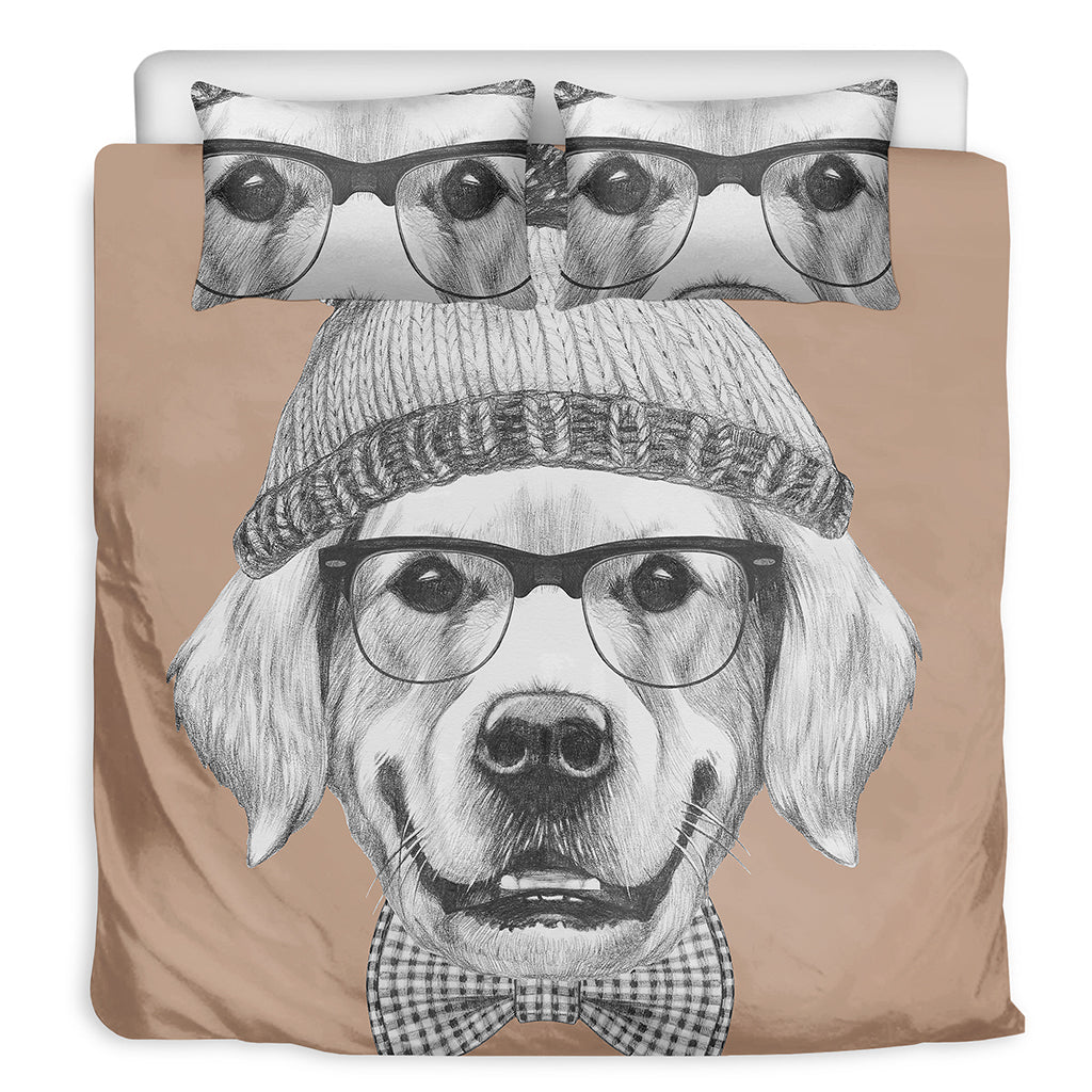 Hipster Golden Retriever Print Duvet Cover Bedding Set