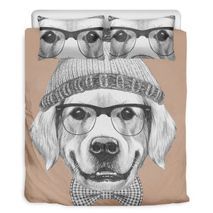 Hipster Golden Retriever Print Duvet Cover Bedding Set