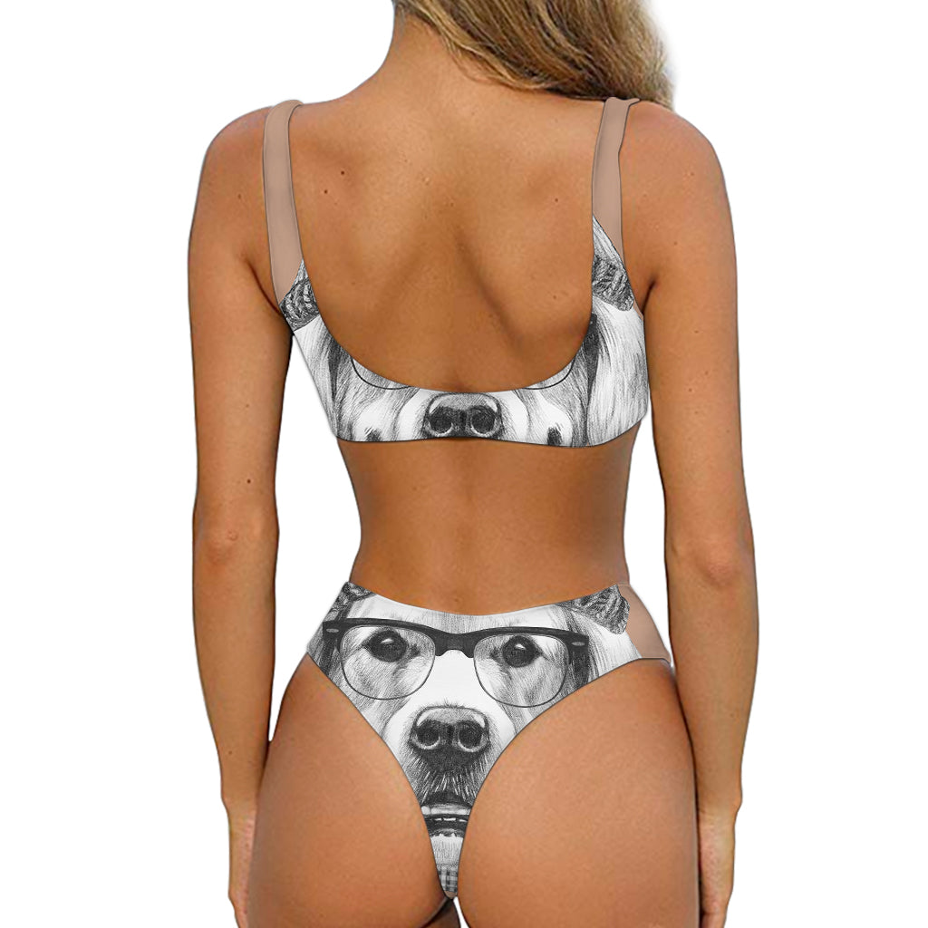 Hipster Golden Retriever Print Front Bow Tie Bikini