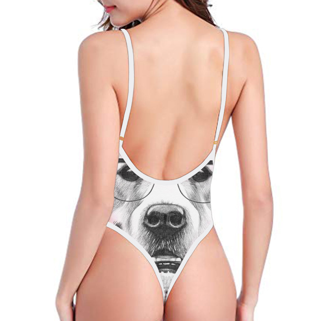 Hipster Golden Retriever Print High Cut One Piece Swimsuit