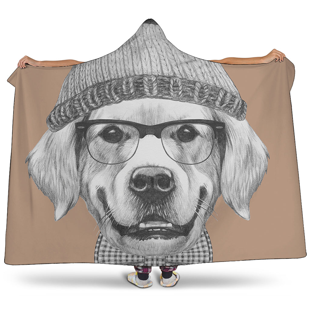 Hipster Golden Retriever Print Hooded Blanket