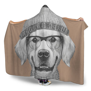 Hipster Golden Retriever Print Hooded Blanket