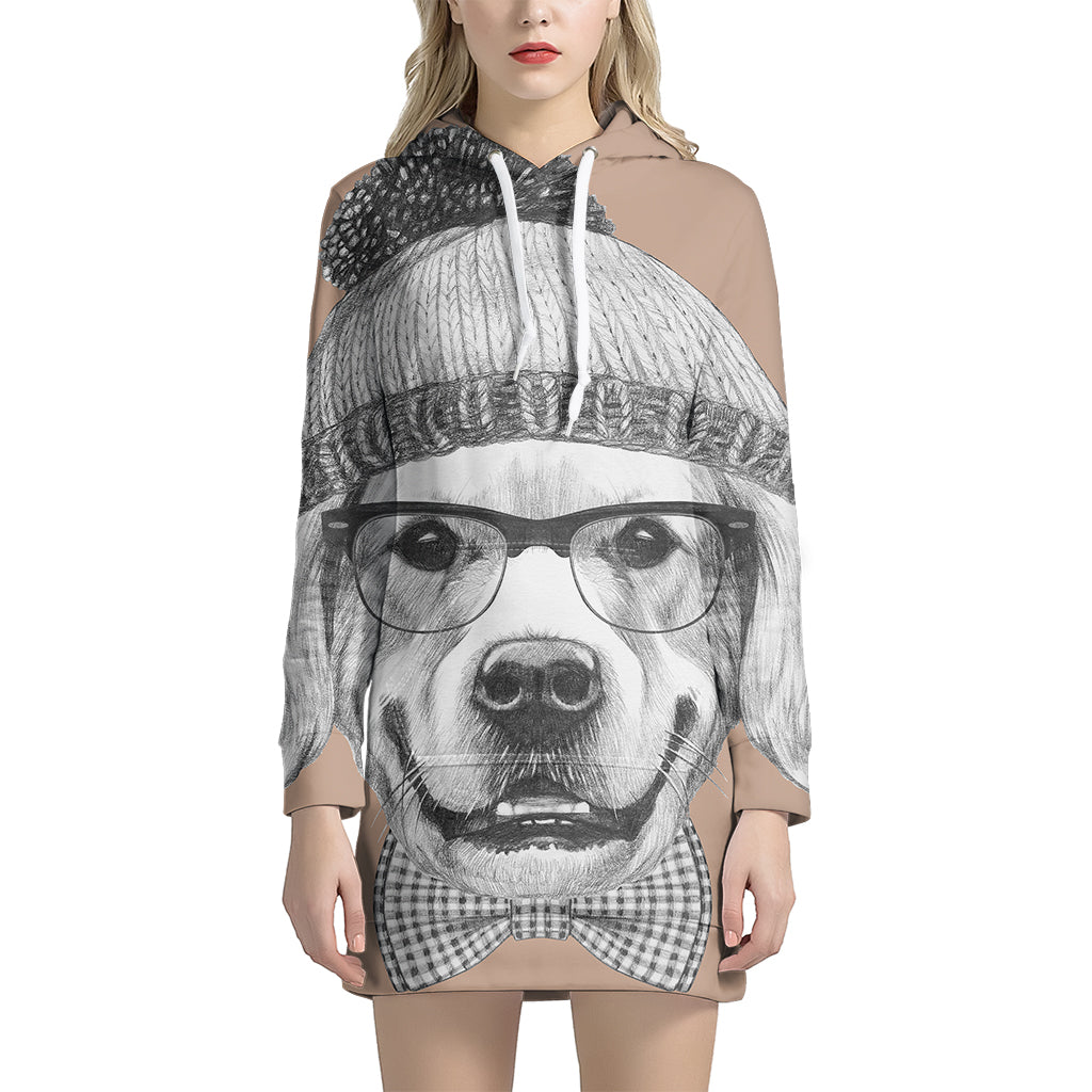 Hipster Golden Retriever Print Pullover Hoodie Dress