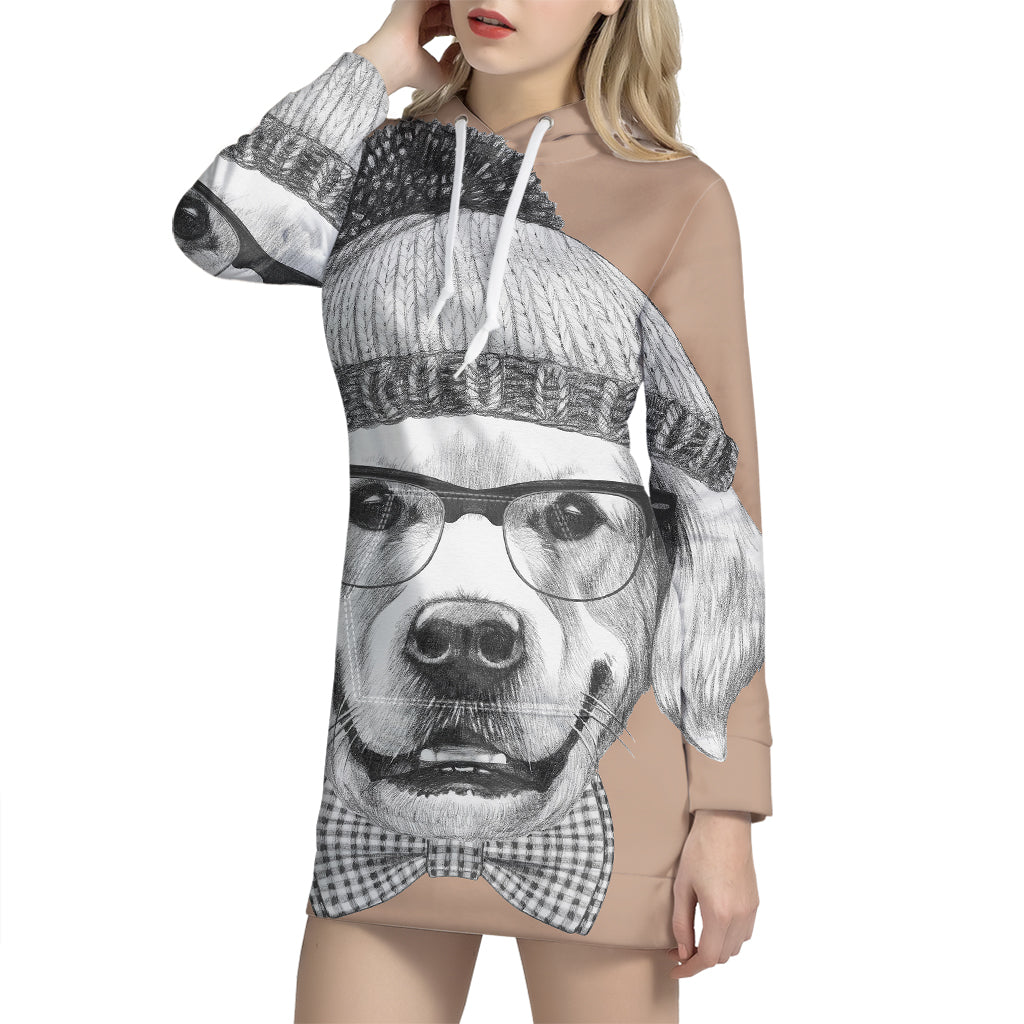 Hipster Golden Retriever Print Pullover Hoodie Dress