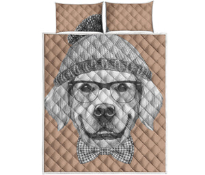 Hipster Golden Retriever Print Quilt Bed Set