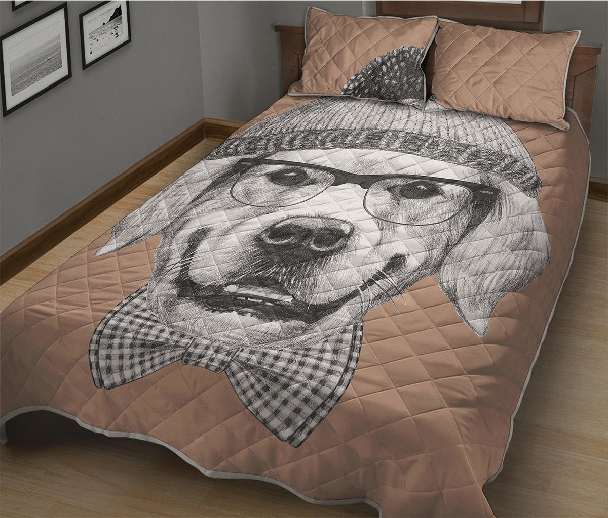 Hipster Golden Retriever Print Quilt Bed Set