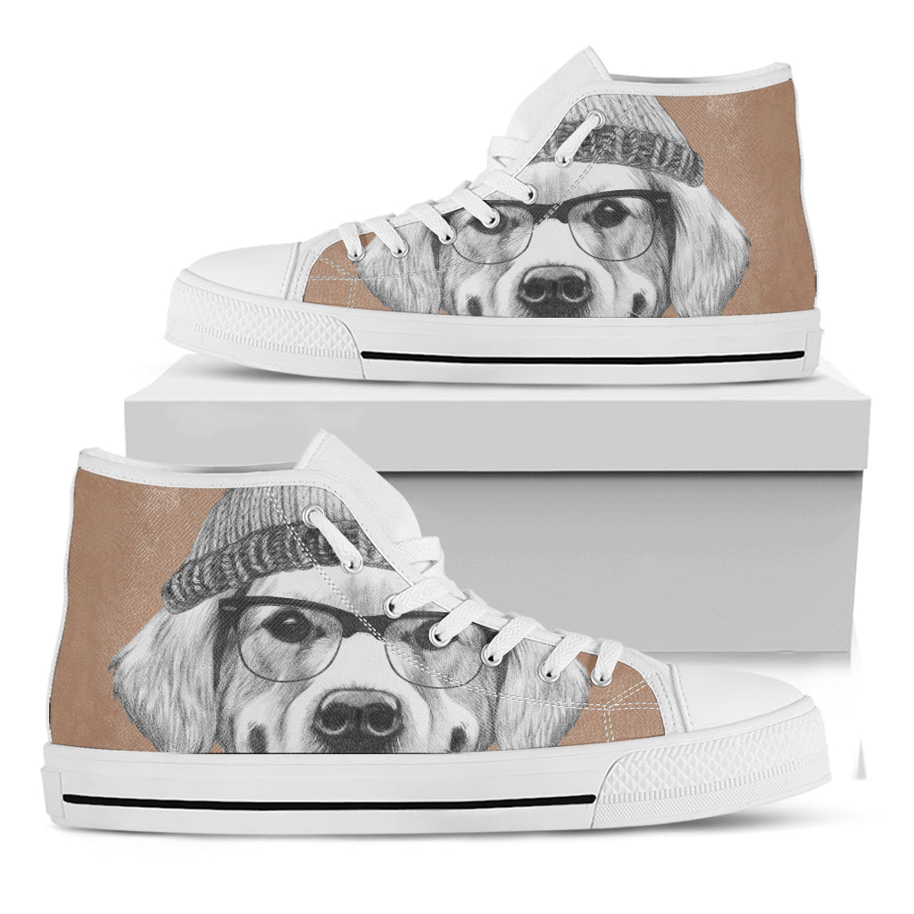 Hipster Golden Retriever Print White High Top Shoes