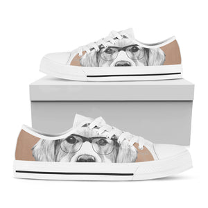 Hipster Golden Retriever Print White Low Top Shoes