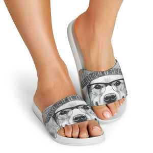 Hipster Golden Retriever Print White Slide Sandals