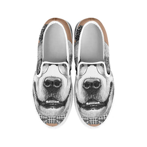 Hipster Golden Retriever Print White Slip On Shoes