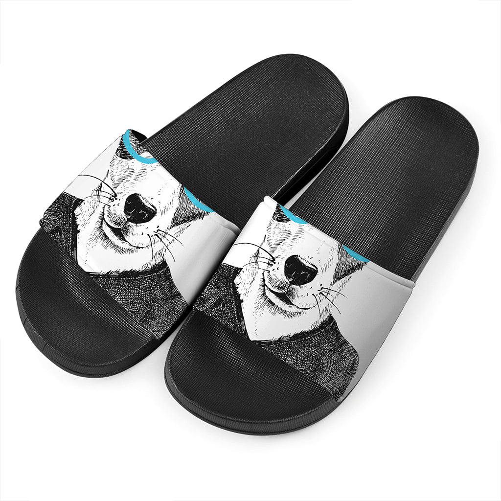 Hipster Jack Russell Terrier Print Black Slide Sandals