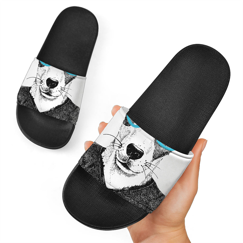 Hipster Jack Russell Terrier Print Black Slide Sandals