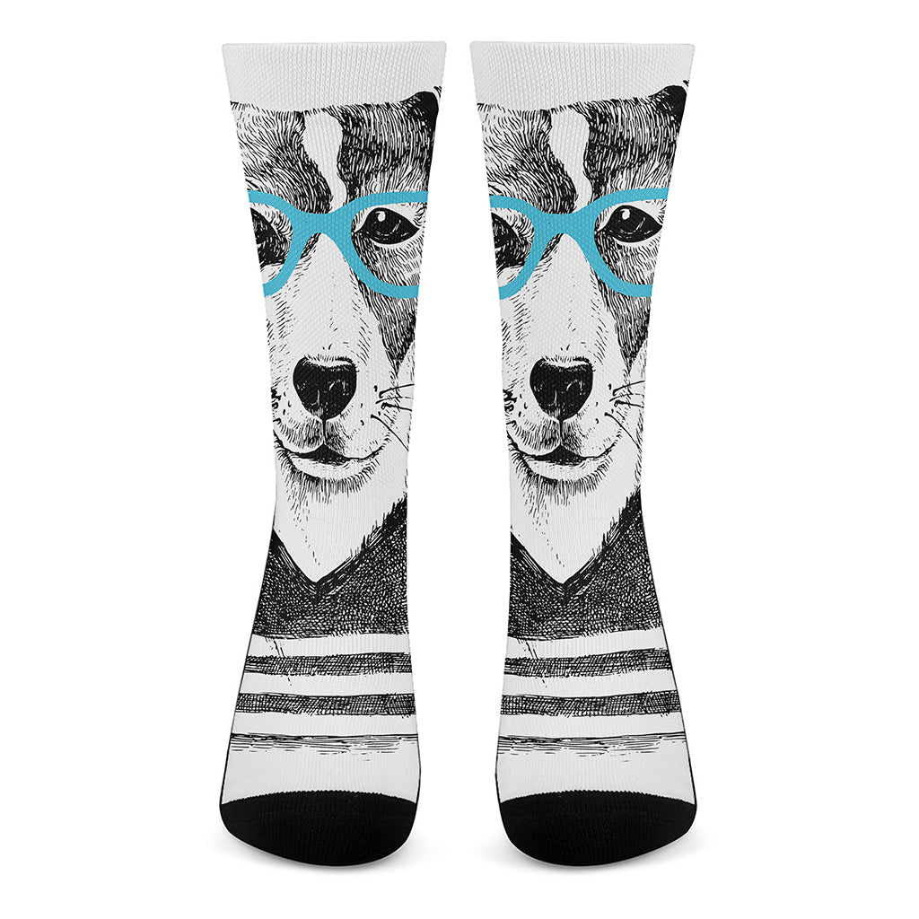 Hipster Jack Russell Terrier Print Crew Socks