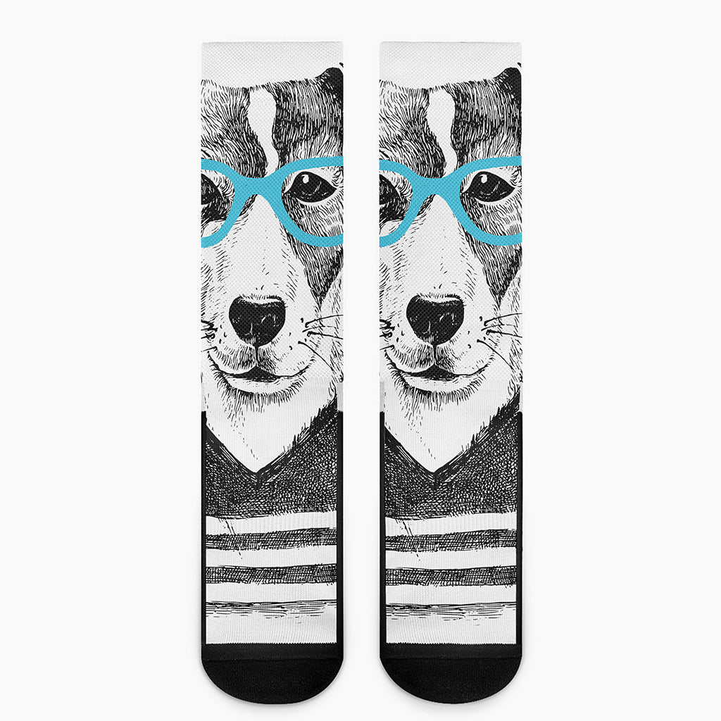 Hipster Jack Russell Terrier Print Crew Socks