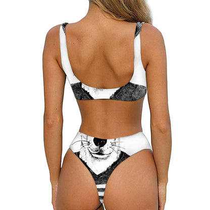 Hipster Jack Russell Terrier Print Front Bow Tie Bikini