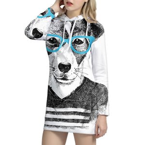 Hipster Jack Russell Terrier Print Pullover Hoodie Dress