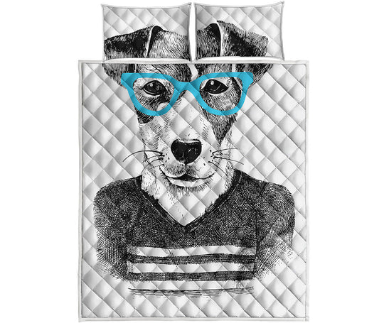 Hipster Jack Russell Terrier Print Quilt Bed Set