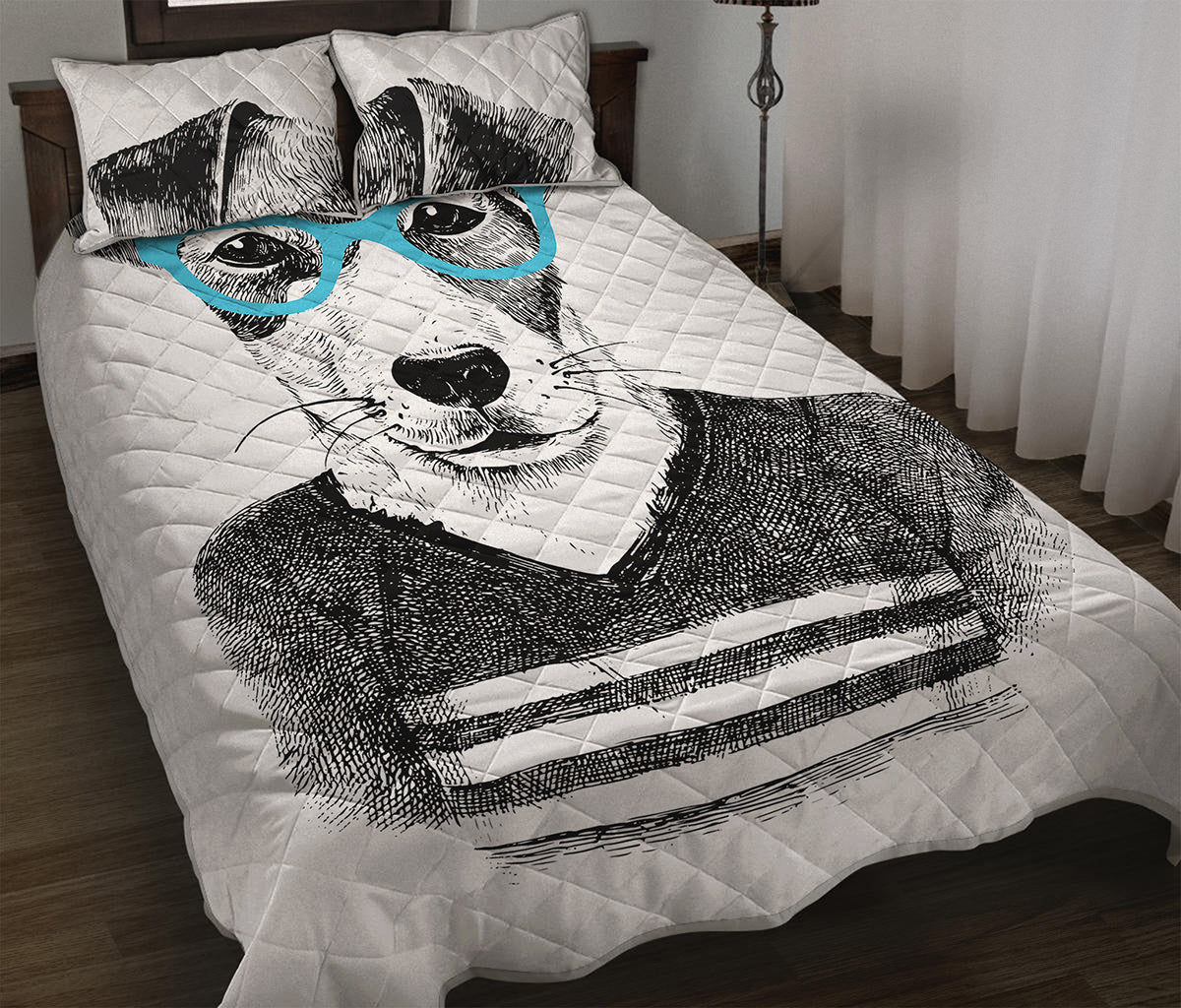 Hipster Jack Russell Terrier Print Quilt Bed Set
