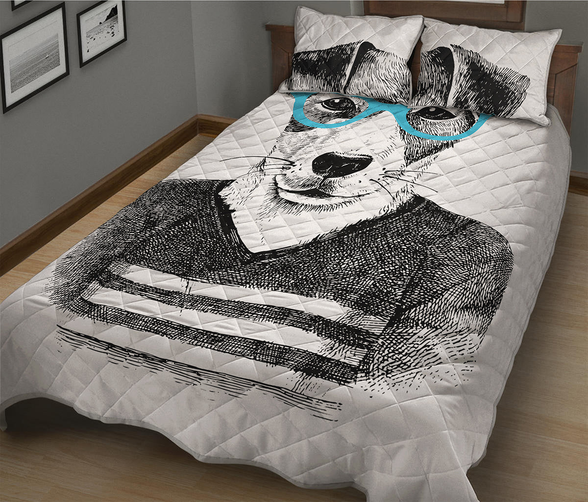 Hipster Jack Russell Terrier Print Quilt Bed Set