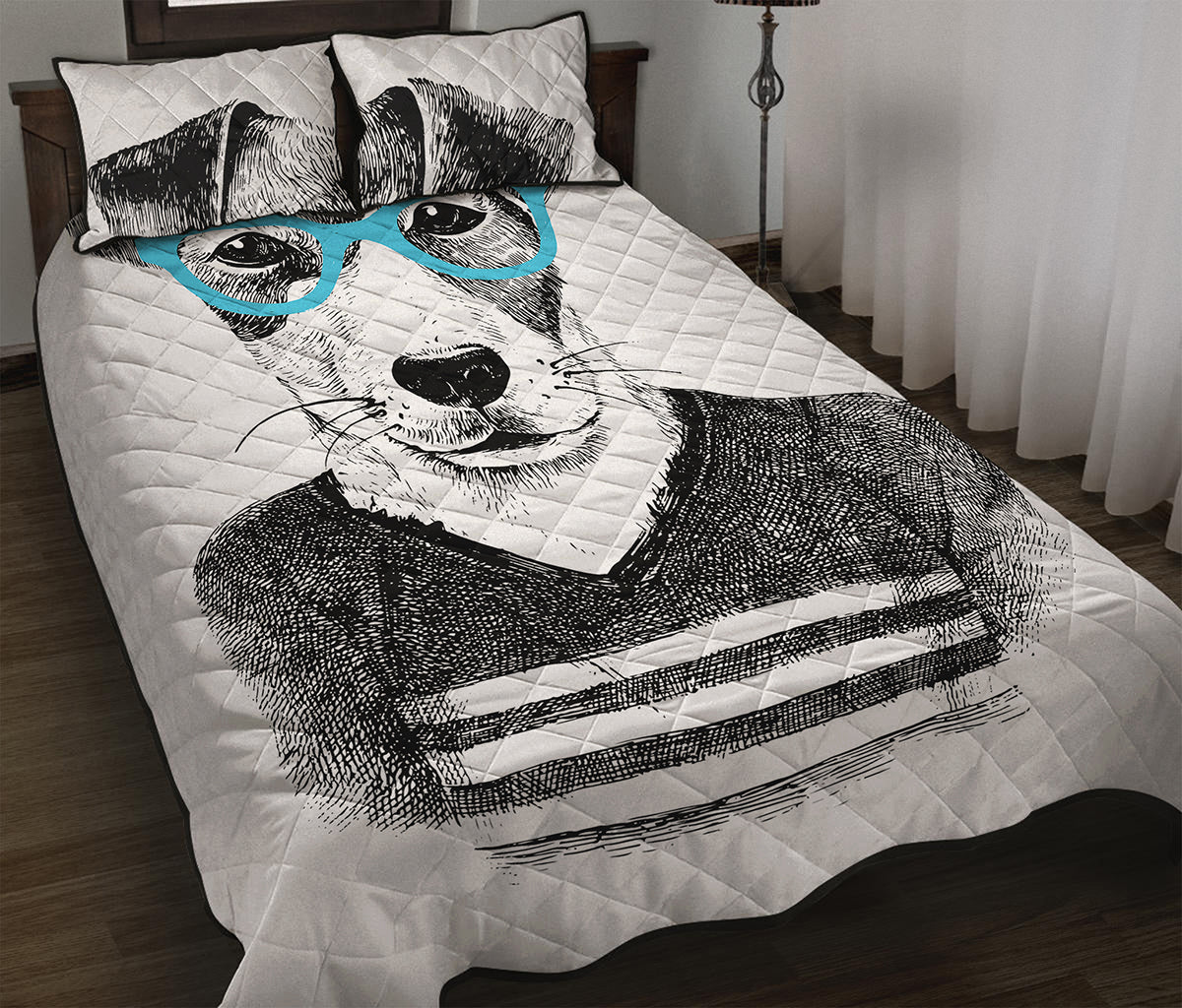 Hipster Jack Russell Terrier Print Quilt Bed Set