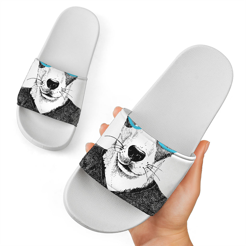 Hipster Jack Russell Terrier Print White Slide Sandals