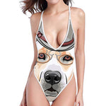 Hipster Labrador Retriever Print High Cut One Piece Swimsuit