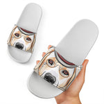 Hipster Labrador Retriever Print White Slide Sandals