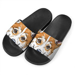 Hipster Pembroke Welsh Corgi Print Black Slide Sandals