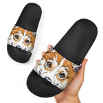 Hipster Pembroke Welsh Corgi Print Black Slide Sandals