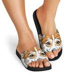 Hipster Pembroke Welsh Corgi Print Black Slide Sandals