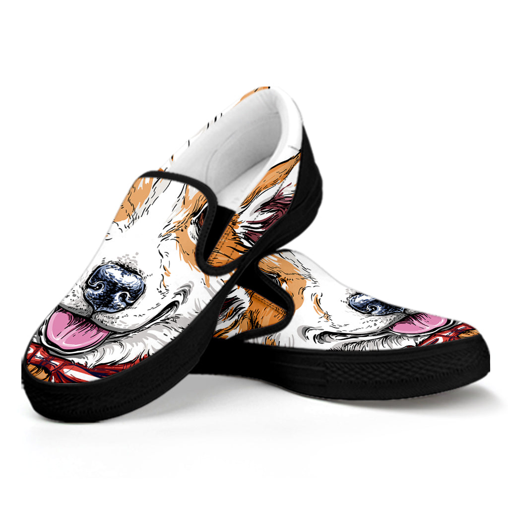 Hipster Pembroke Welsh Corgi Print Black Slip On Shoes