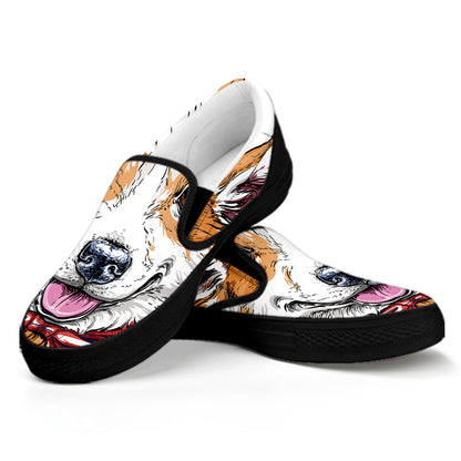 Hipster Pembroke Welsh Corgi Print Black Slip On Shoes
