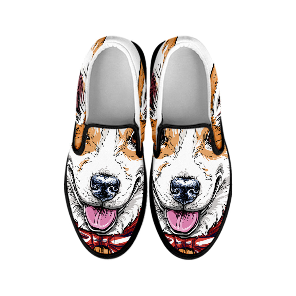 Hipster Pembroke Welsh Corgi Print Black Slip On Shoes