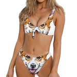 Hipster Pembroke Welsh Corgi Print Front Bow Tie Bikini
