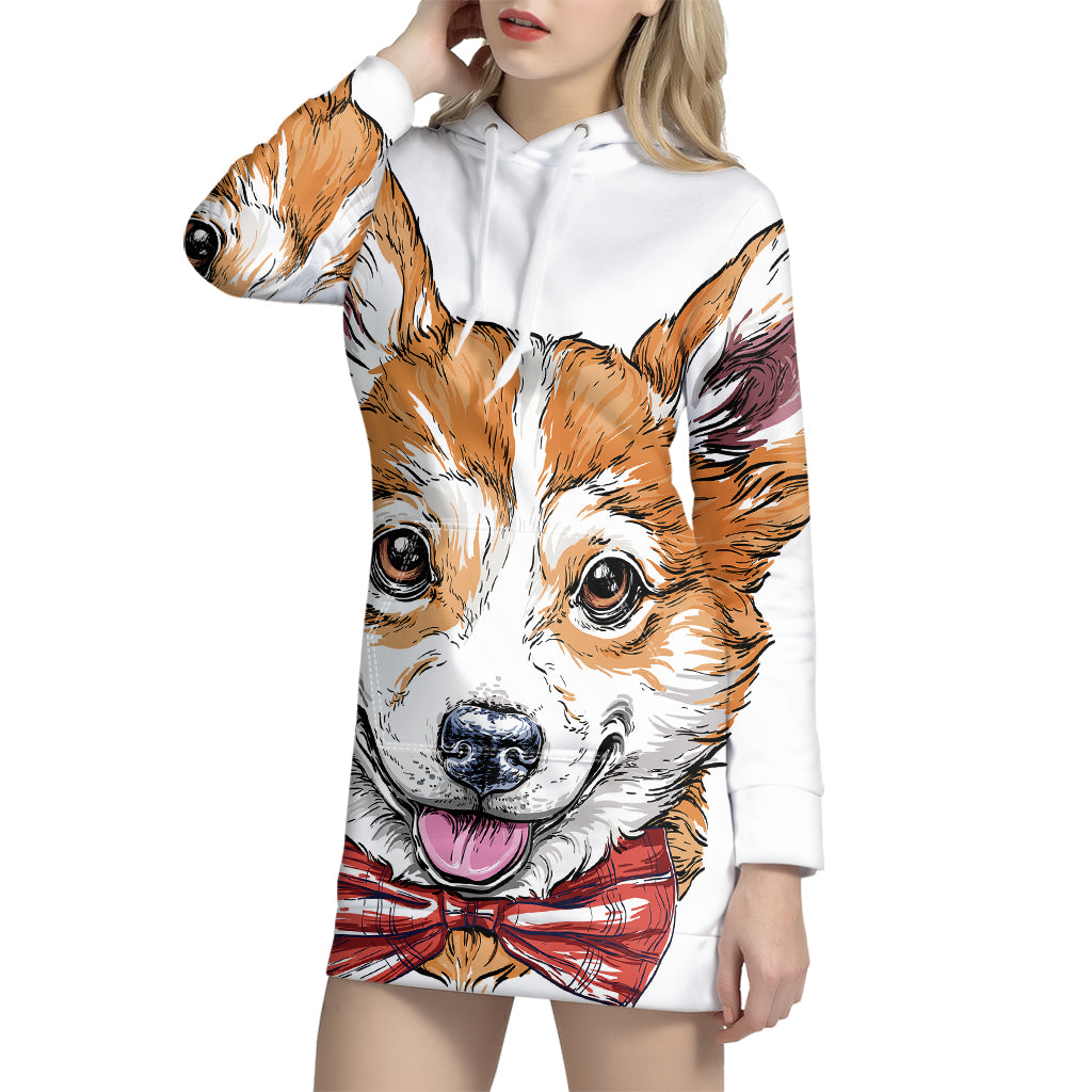 Hipster Pembroke Welsh Corgi Print Pullover Hoodie Dress