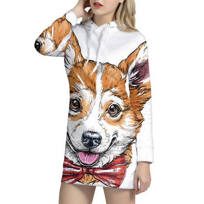 Hipster Pembroke Welsh Corgi Print Pullover Hoodie Dress