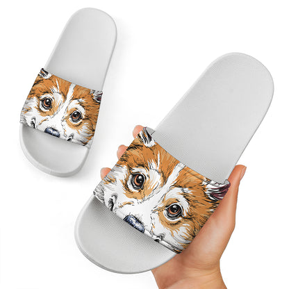 Hipster Pembroke Welsh Corgi Print White Slide Sandals